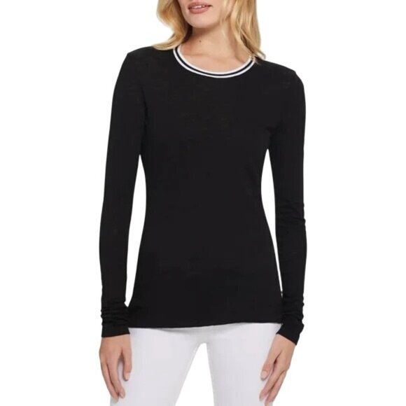 Goldie Long Sleeve Tipped Ringer Tee Size XS Crewneck Black White Basic Casual - Picture 1 of 9